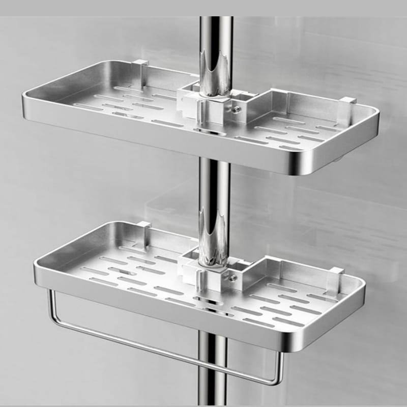 Zestaw 2 półek prysznicowych bez wiercenia – aluminiowa mydelniczka z tacką na żel pod prysznic – kompatybilna z rurami o średnicy 22–25 mm