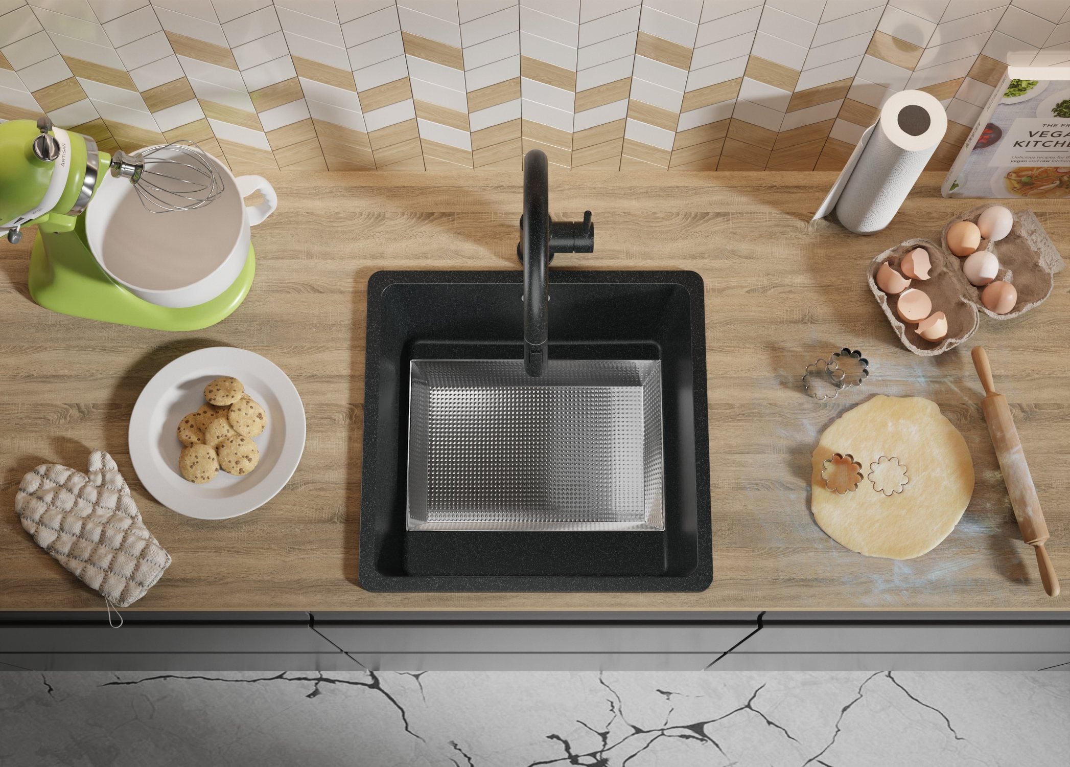 Evier Cuisine en Granit Graphite 46x44cm, Lavabo 1 bac + Kit de Vidage, Évier à Encastrer au meuble 50cm - Venise Slim Easy PRIMAGRAN - 8
