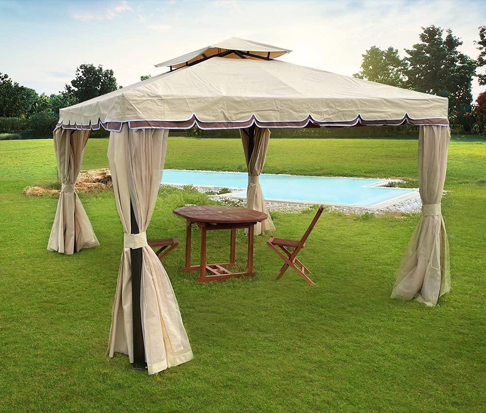 Gazebo Da Giardino Con Zanzariera 3x4 Mt Struttura In Alluminio E Acciaio Con Pareti Laterali E Zanzariere Con Camino Antivento E Copertura Impermeabile Picchetti Inclusi