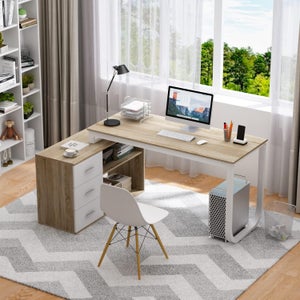 Bureau d'Ordinateur Poste de Travail Informatique avec Support pour Écran et Tiroir à Fichiers
