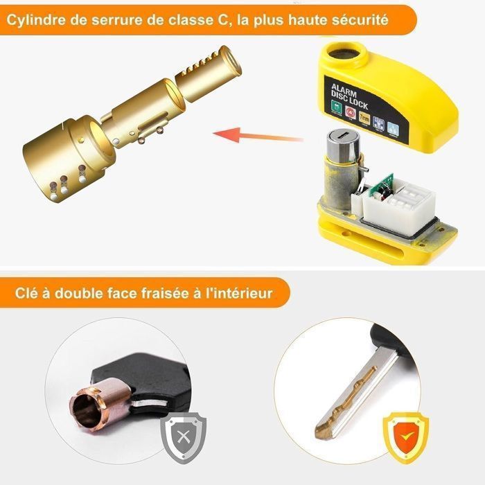 Antivol Moto Bloque Disque , 110dB Alarme Antivol Scooter Bloc Disque pour Moto/Trotinette/Vélo, 1.2m Câble Rappel + 2 Clés - 5