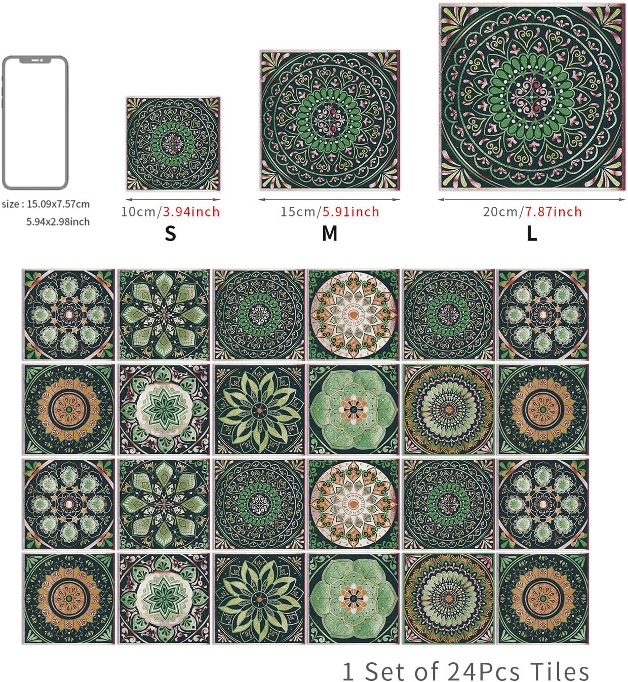 (Cachi, 15 cm x 15 cm x 24 pezzi) Adesivo murale autoadesivo con motivo mandala, PVC impermeabile, decorazione da parete per cucina - 5