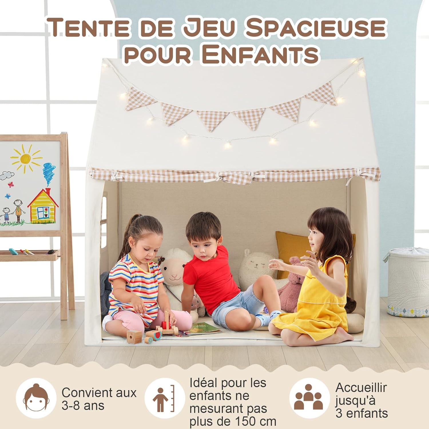 Tenda da Gioco per Bambini, Casetta Tenda da Gioco con Tappetino Imbottito, 2 Finestre Traspiranti e 2 Tasche, Luci a Stella e Bandierine Incl - 2