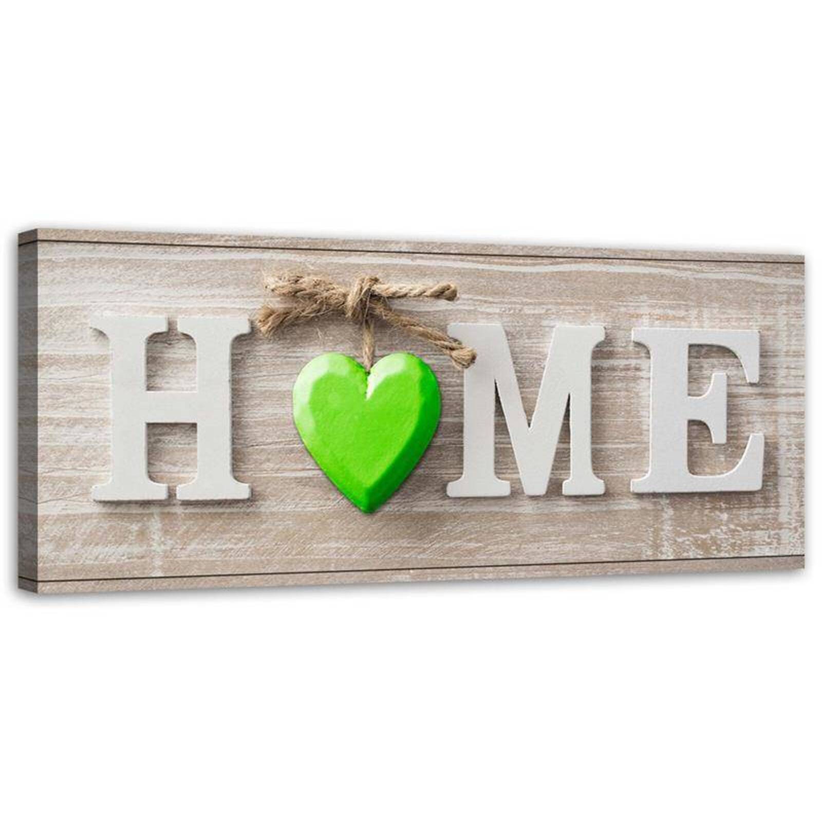 Obraz na płótnie, Napis Home z zielonym sercem na jasnym drewnie 120x40