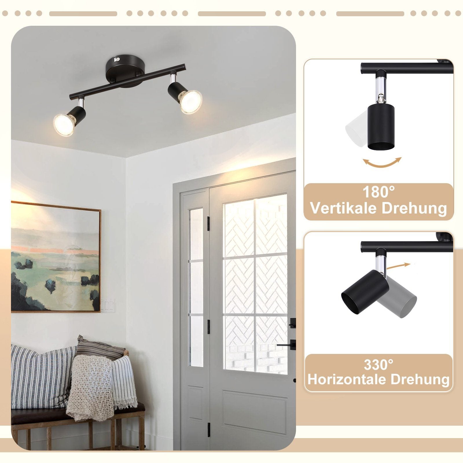 NETTLIFE 2 focos de techo LED negros giratorios 330° GU10, haz de pared para pasillo, dormitorio, salón - 2