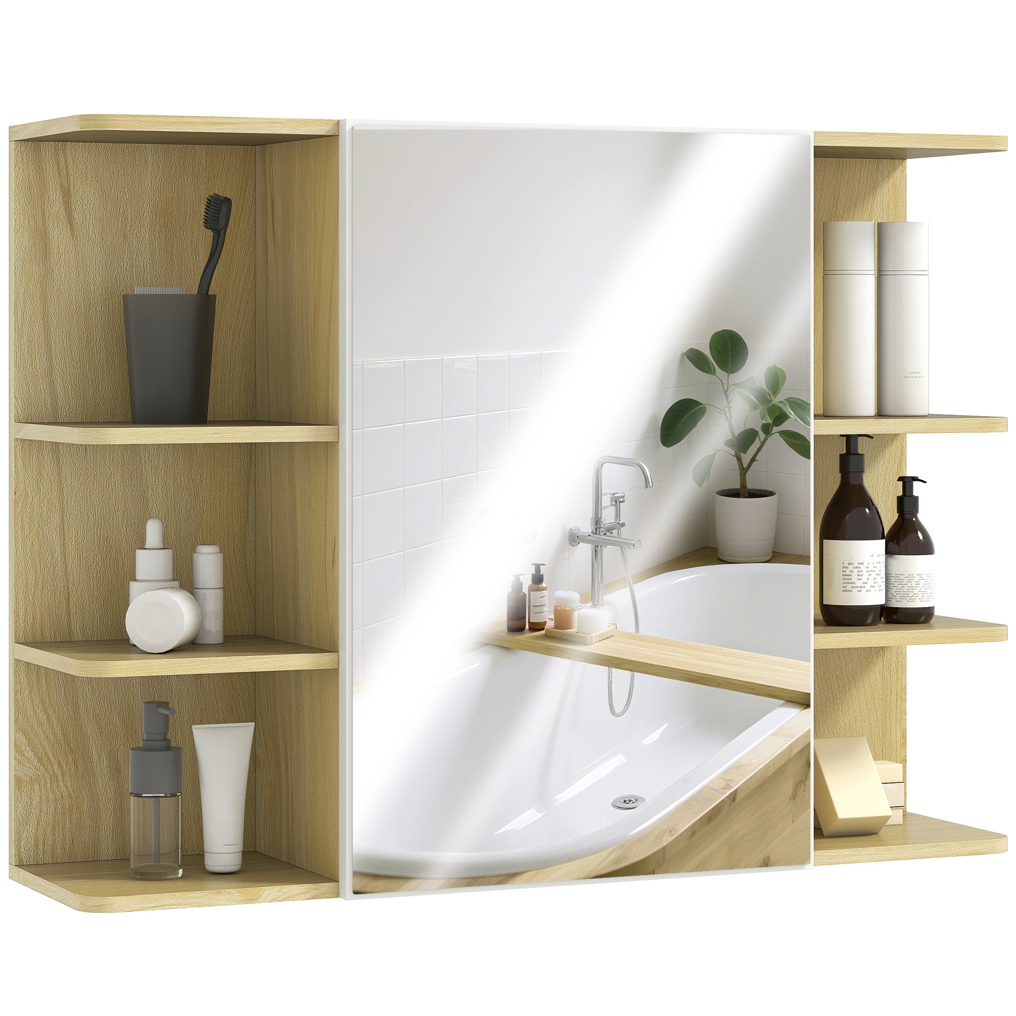 Leroy Merlin Bathroom mirror cabinet with open storage shelves, natural wood finish 
