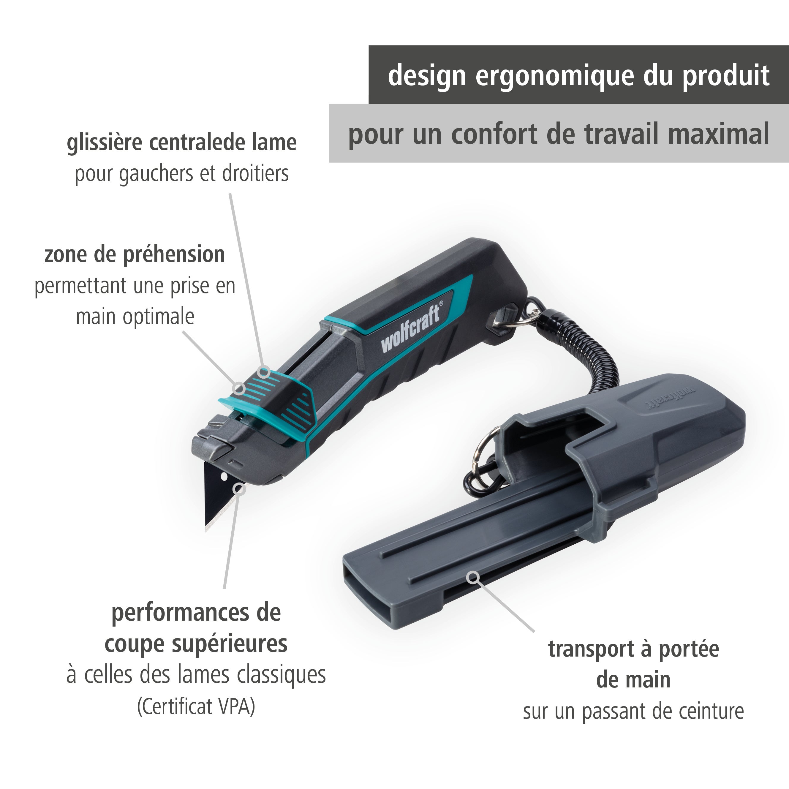 Kit de cutter de sécurité à lame trapèze PRO SAFETY avec étui - 1 cutter et 6 lames de rechange - wolfcraft 8669060 - 2