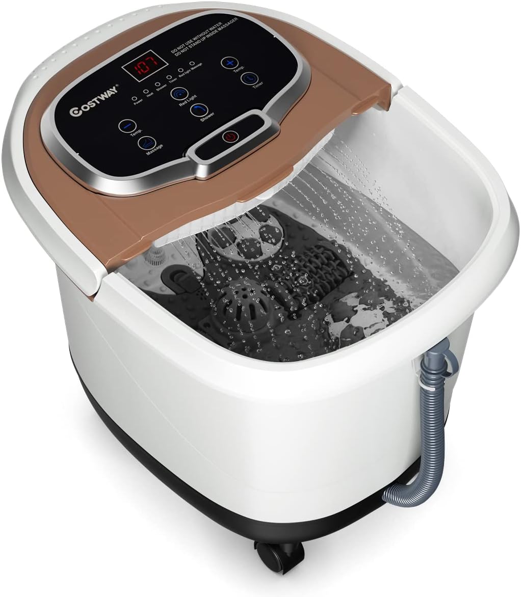 Shiatsu masażer do stóp z kółkami, elektryczne urządzenie do masażu stóp, Shiatsu, masażer stóp, spa, 10-60 min, timer 35-48℃, 500 W (brązowy)