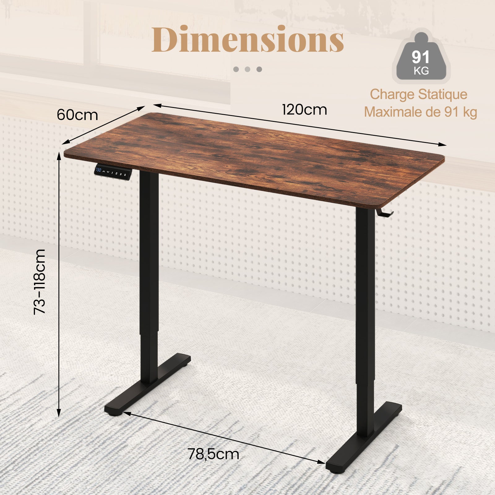 Bureau Assis Debout Électrique, 120 x 60 cm Bureau Réglable en Hauteur avec Panneau Intelligent à 3 Mémoires, Anti-Collision, Crochet, Marron - 6