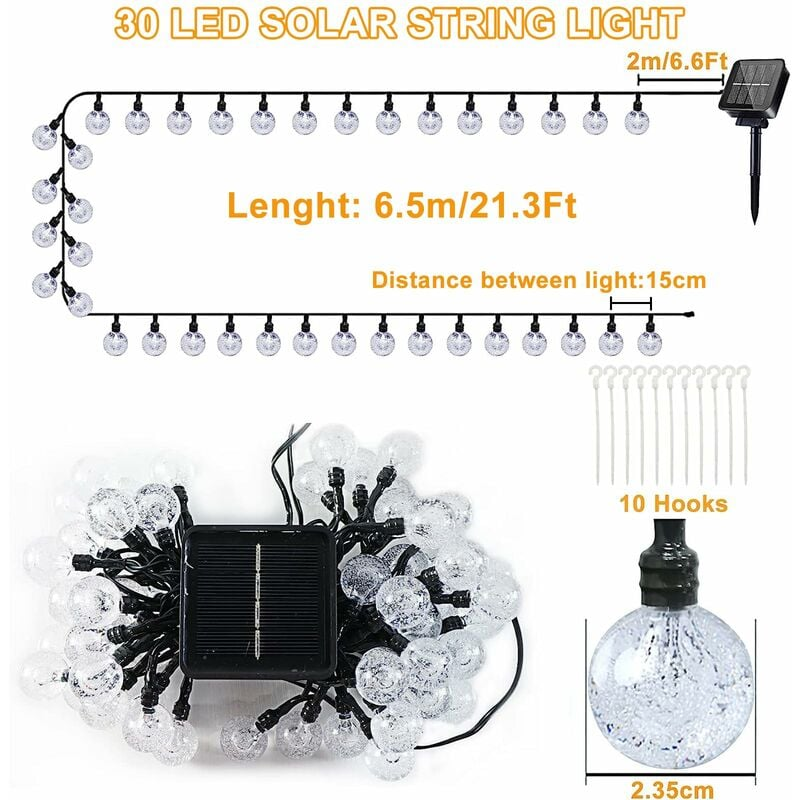 Luzes solares de corda - 30 luzes LED de cristal solar para ambientes externos e internos, 8 modos - 2