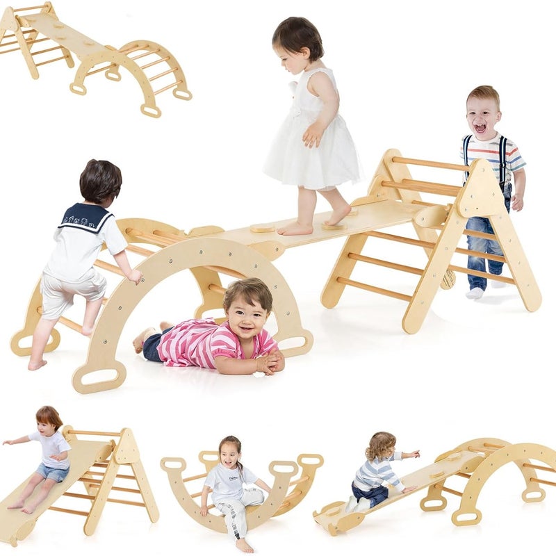 7w1 Drewniany Łuk Montessori do Wspinania, Zawiera Zjeżdżalnię, Rampę i Regulowaną Drabinkę, Nośność 50 kg, dla Dzieci od 1. Roku Życia, Naturalny.