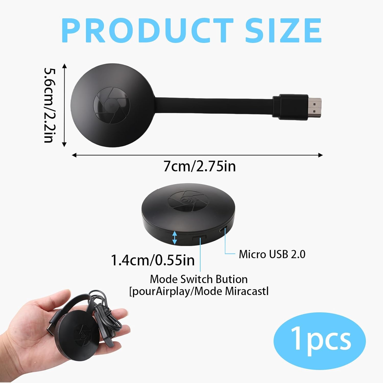 Adaptateur HDMI sans Fil 1080P pour TV, Dongle WiFi Miracast Airplay DLNA, Compatible iOS Android Windows Mac, 2.4GHz Portable - 2