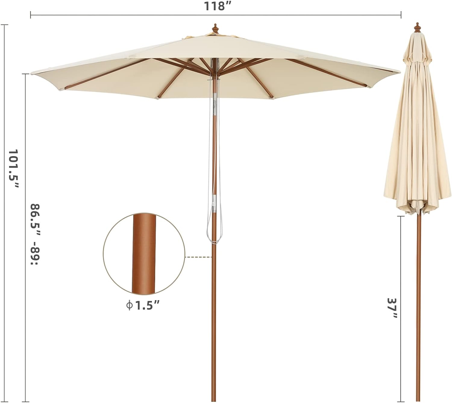 Ø3Mx H2,58M Parasol Déporté 8 Baleines en Bois avec Manivelle, Poteau de Parapluie Inclinable, pour Pare-Soleil de Plusieurs Angles - 9