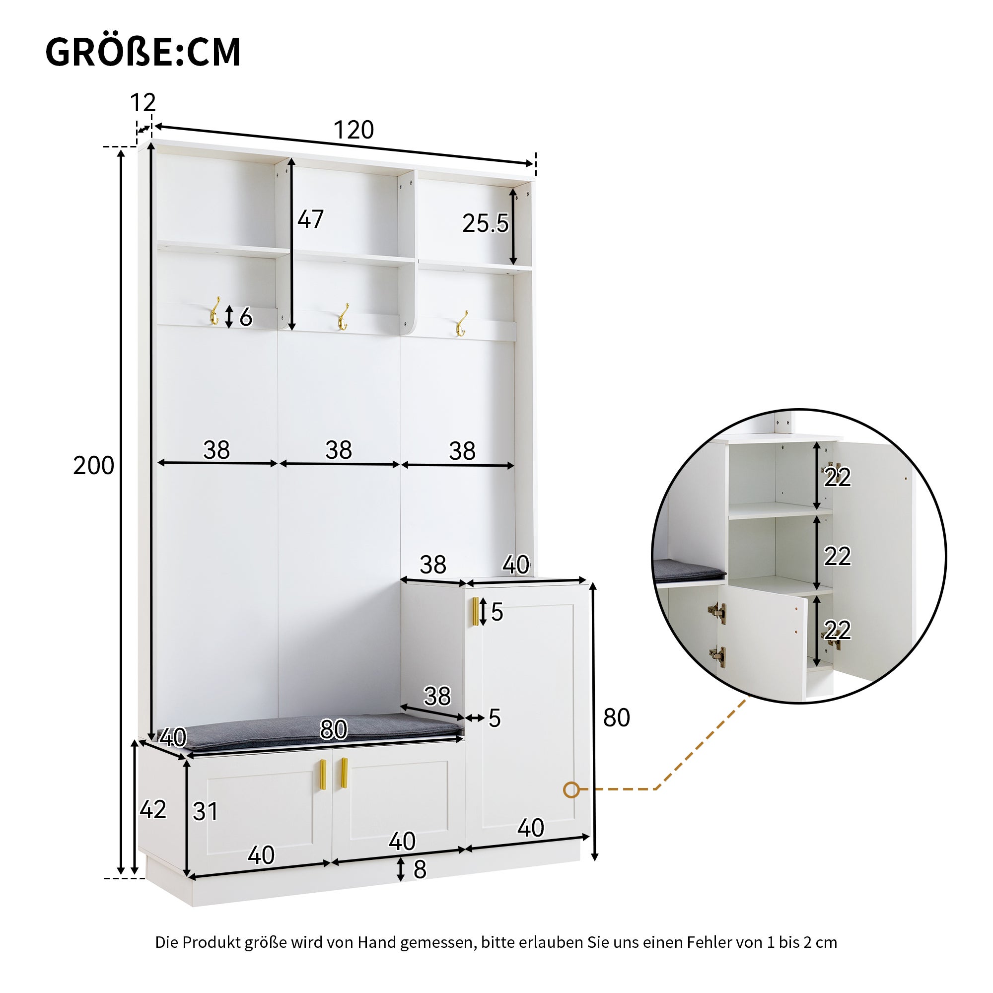 Ensemble vestiaire d'entrée - avec porte-manteau et rangements à chaussures - Banc de rangement - avec 3 crochets - Blanc - 2