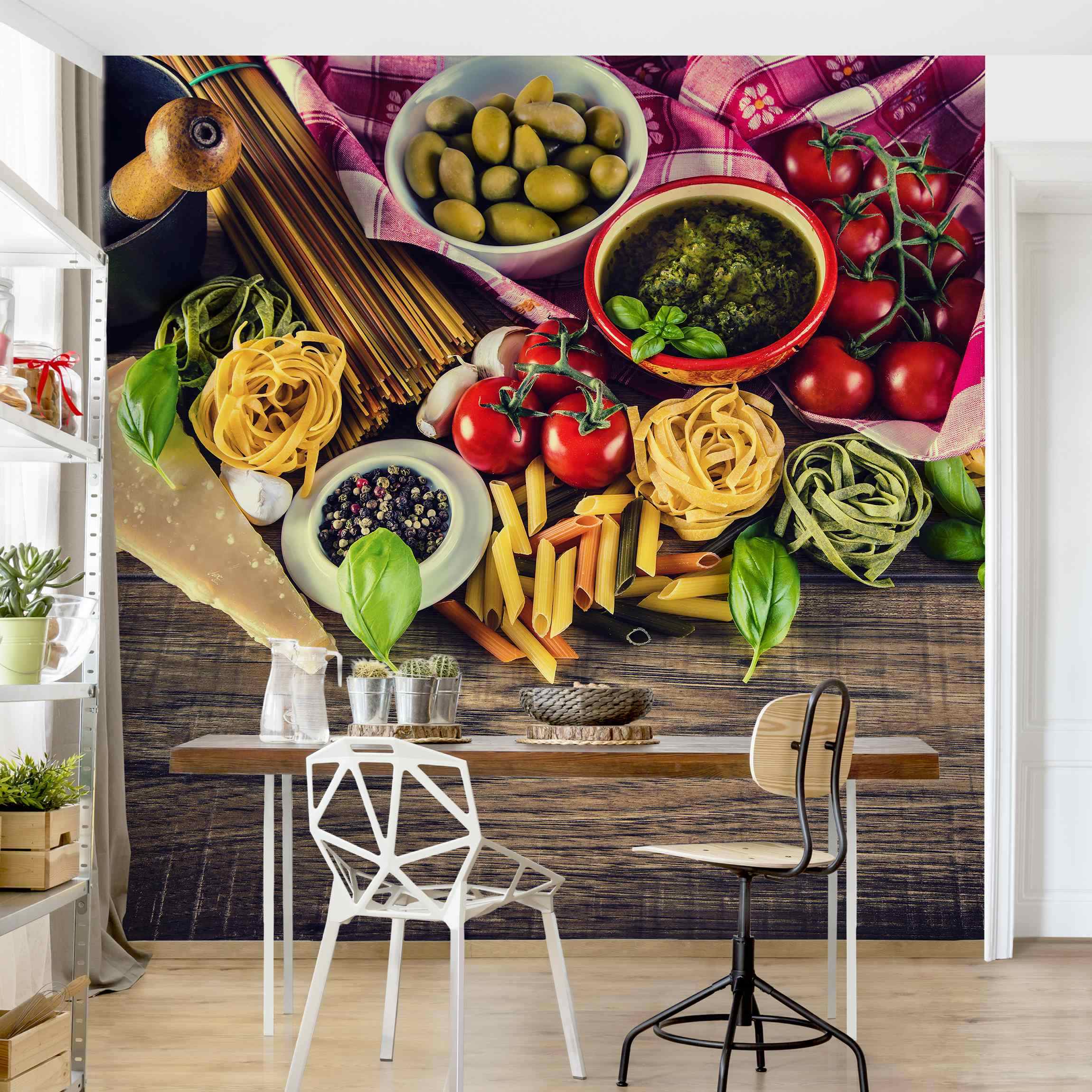 Papel pintado fotomural pasta comida y bebida imitación madera 88 - cocina - tnt 192 x 192 cm premium