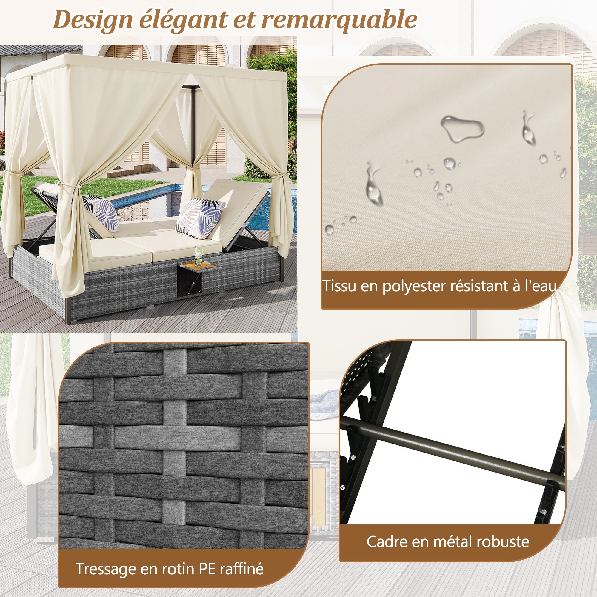 Chaise longue de jardin lit double avec parasol, chaise longue en rotin, coussins et table pliante avec coussins crème - 7