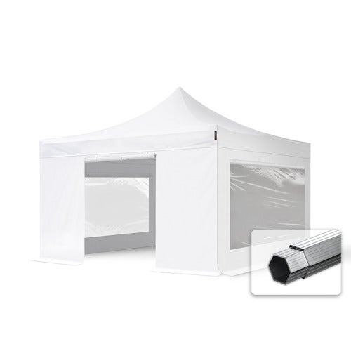 4x4m gazebo pieghevole PVC ignifugo con 4 laterali (finestre panoramiche), PROFESSIONAL alluminio, bianco