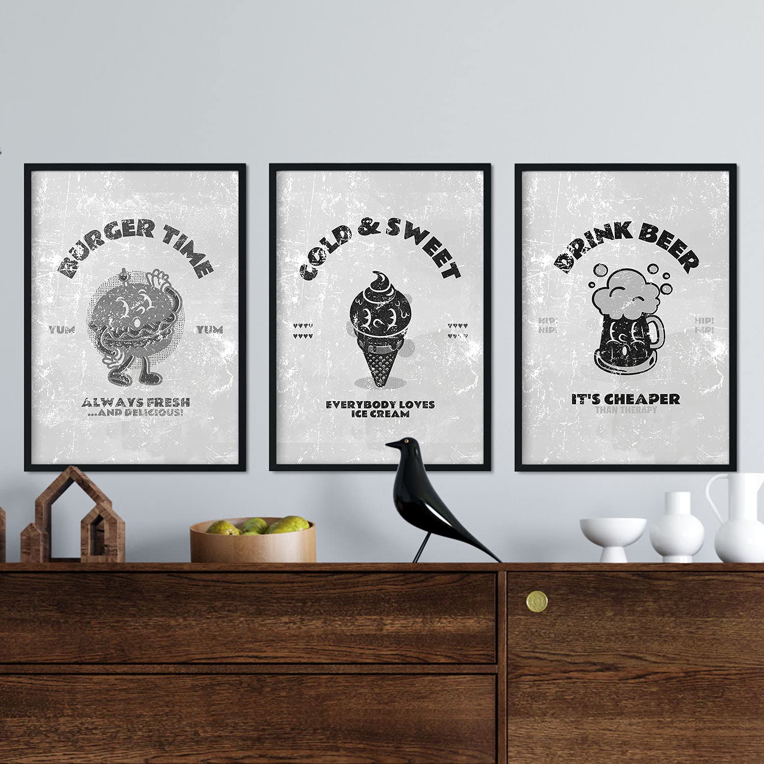 Pack de láminas set comida. pósteres con ilustraciones de dibujos retro en tonos grises. sin marco - a3