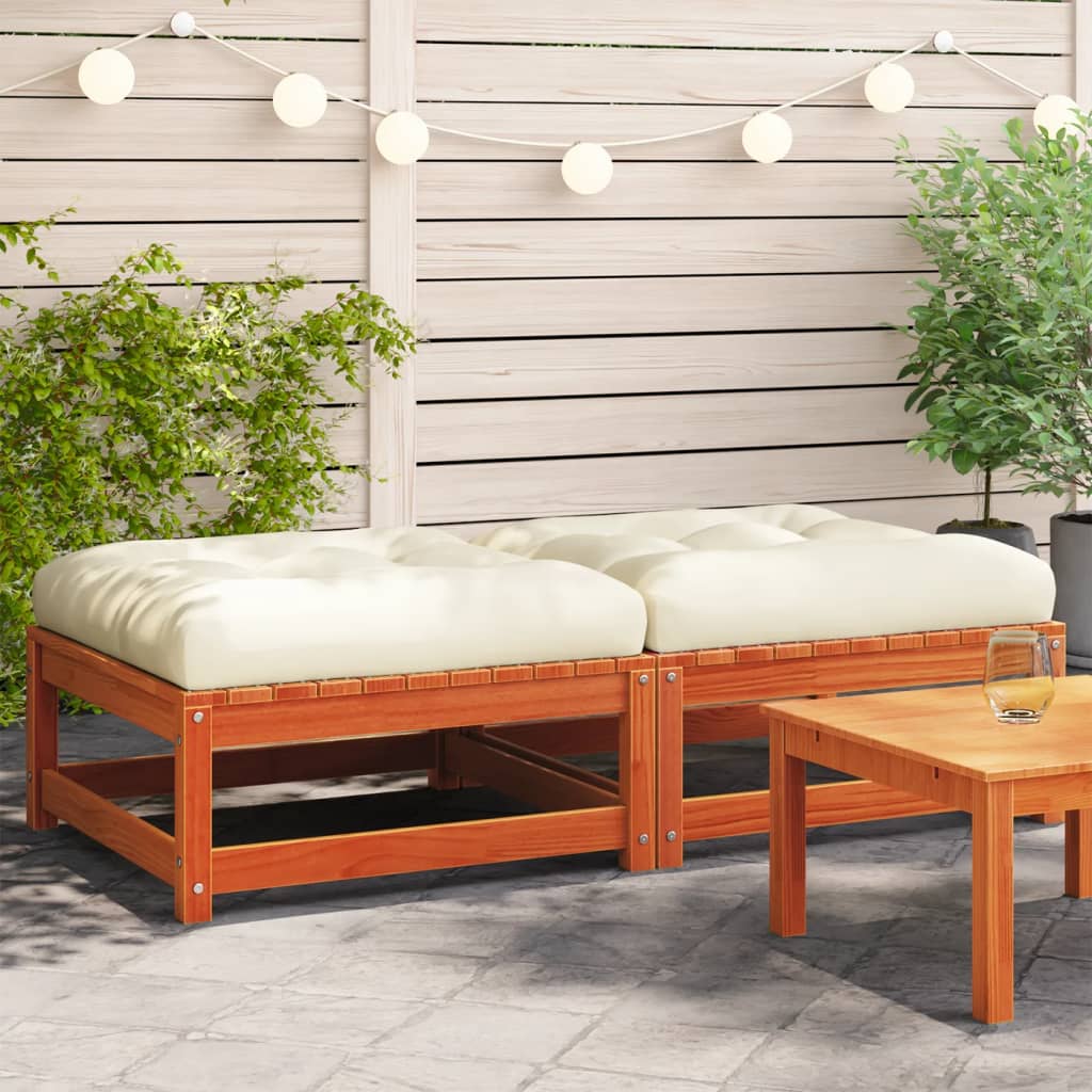 Lot De 2 Repose-pieds En Acacia Massif VidaXL - Avec Coussin Crème - Pour Jardin, Terrasse Ou Salon