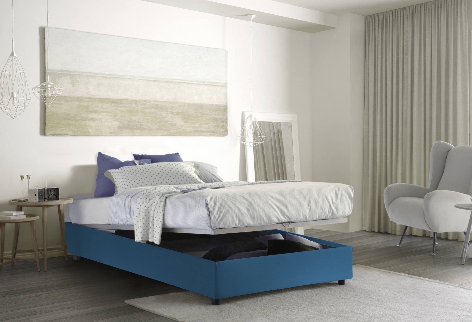 Lit double Made in Italy, déhoussable avec coffre, matelas 160x190 cm, bleu - Annibale - 4