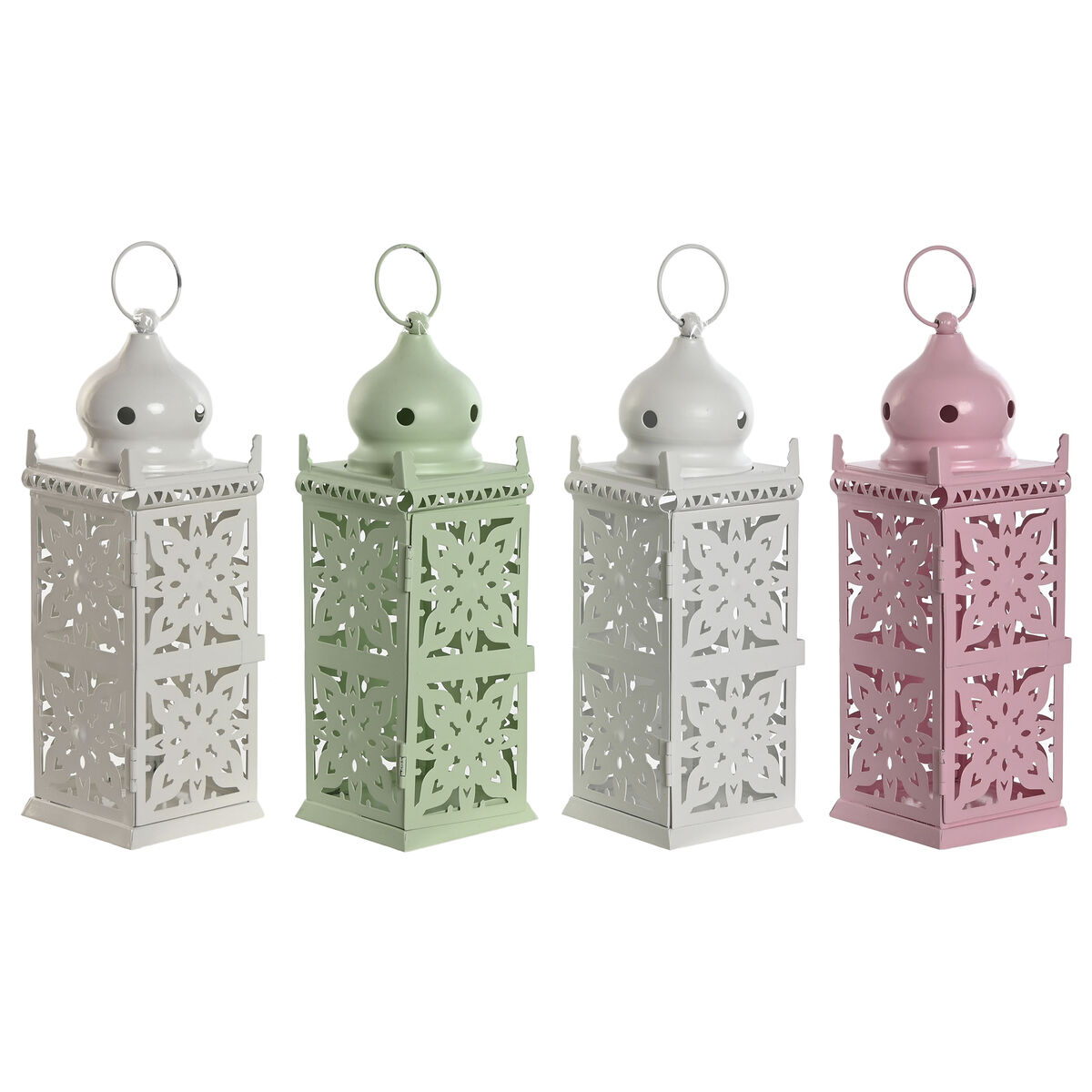 Farol home esprit blanco verde rosa hierro oriental 10 x 10 x 30 cm (4 unidades)