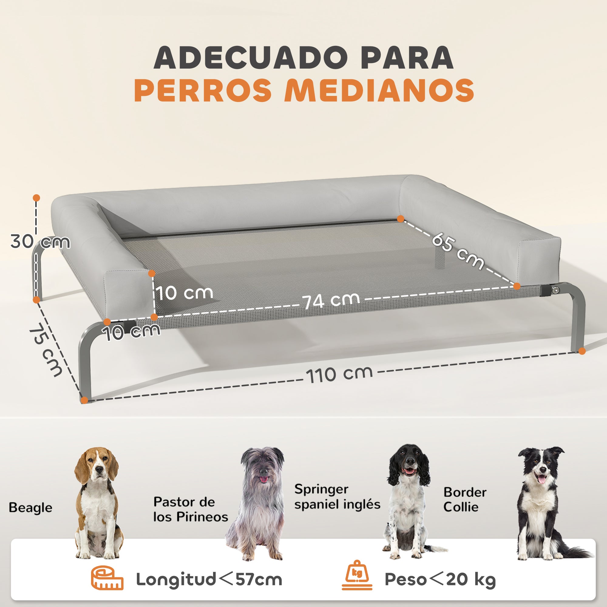 Cama Elevada Perros PawHut Tela Oxford, Texteline Gris Claro 110x75x30 cm - 4