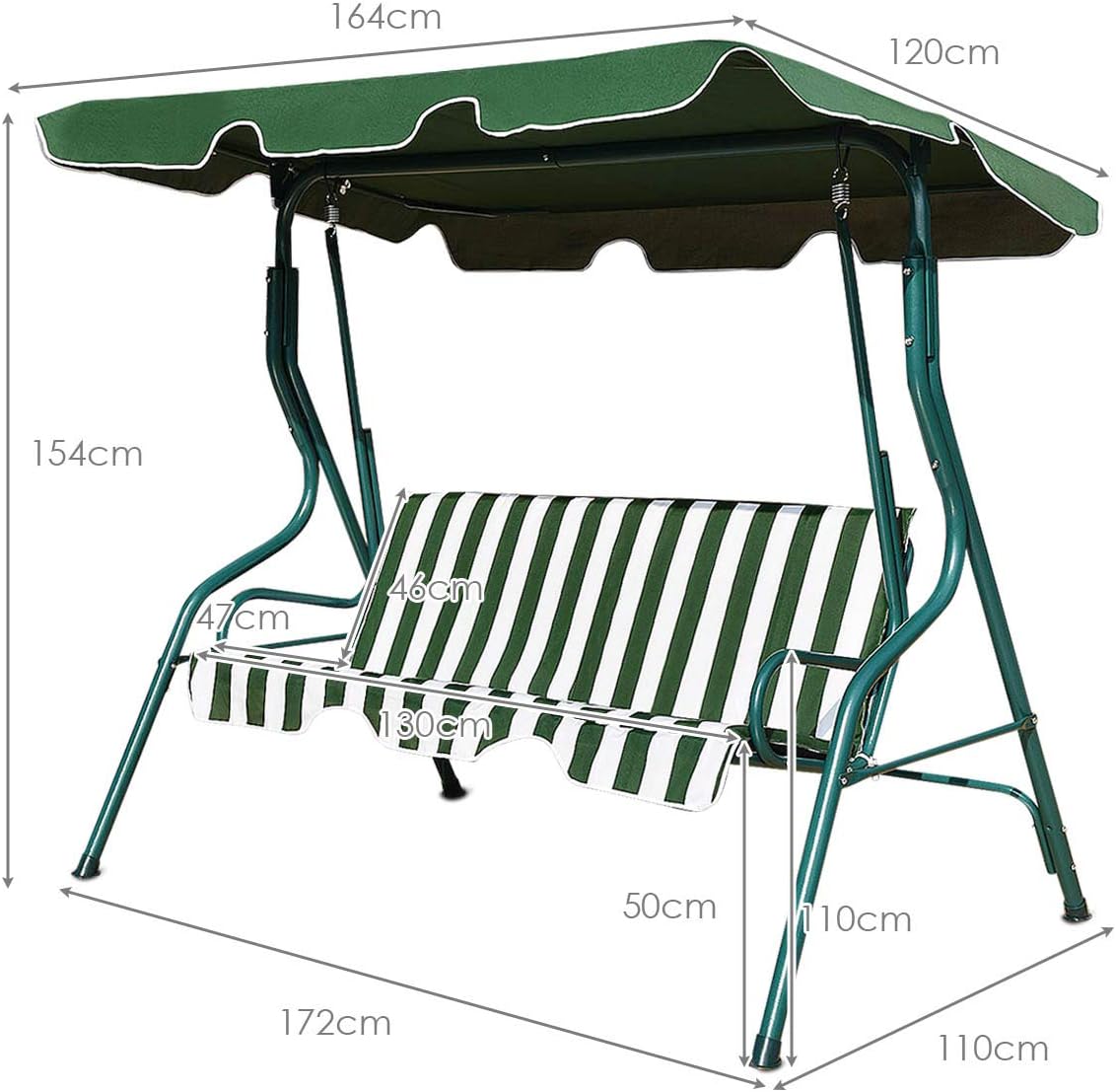 Balancelle de Jardin 3 Places 170x110x153CM-avec Auvent Réglable-Swing de Jardin Tissu en Polyester-Cadre en Acier-Vert - 5