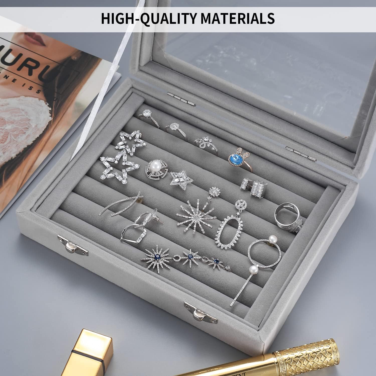 Boîte à bijoux verrouillable – velours avec 9 casiers – pour colliers, bagues, boucles d'oreilles - 4