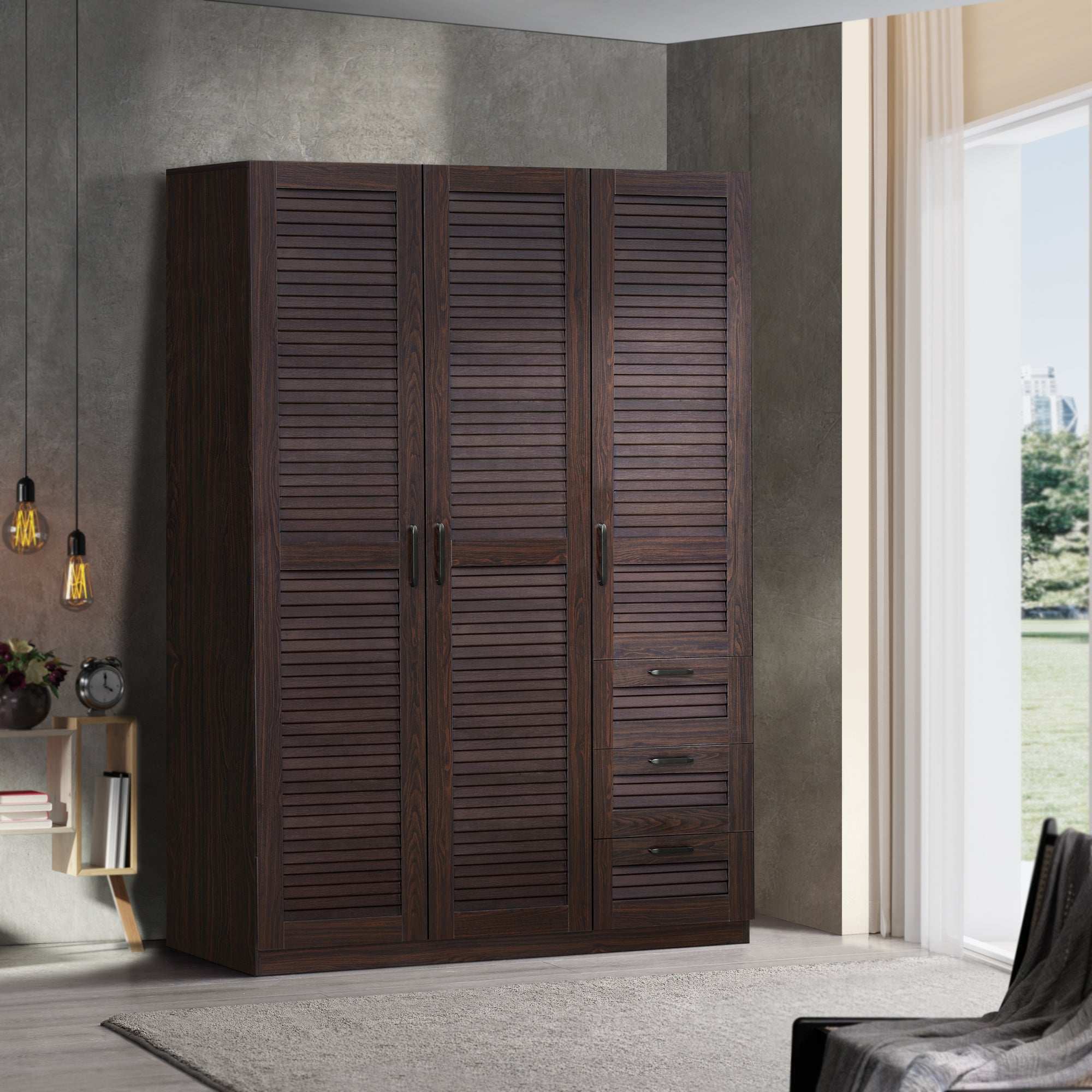Armoire de chambre Finning 4 étagères 3 tiroirs MDF 176 x 120 x 52 cm effet noyer foncé [en.casa] - 2