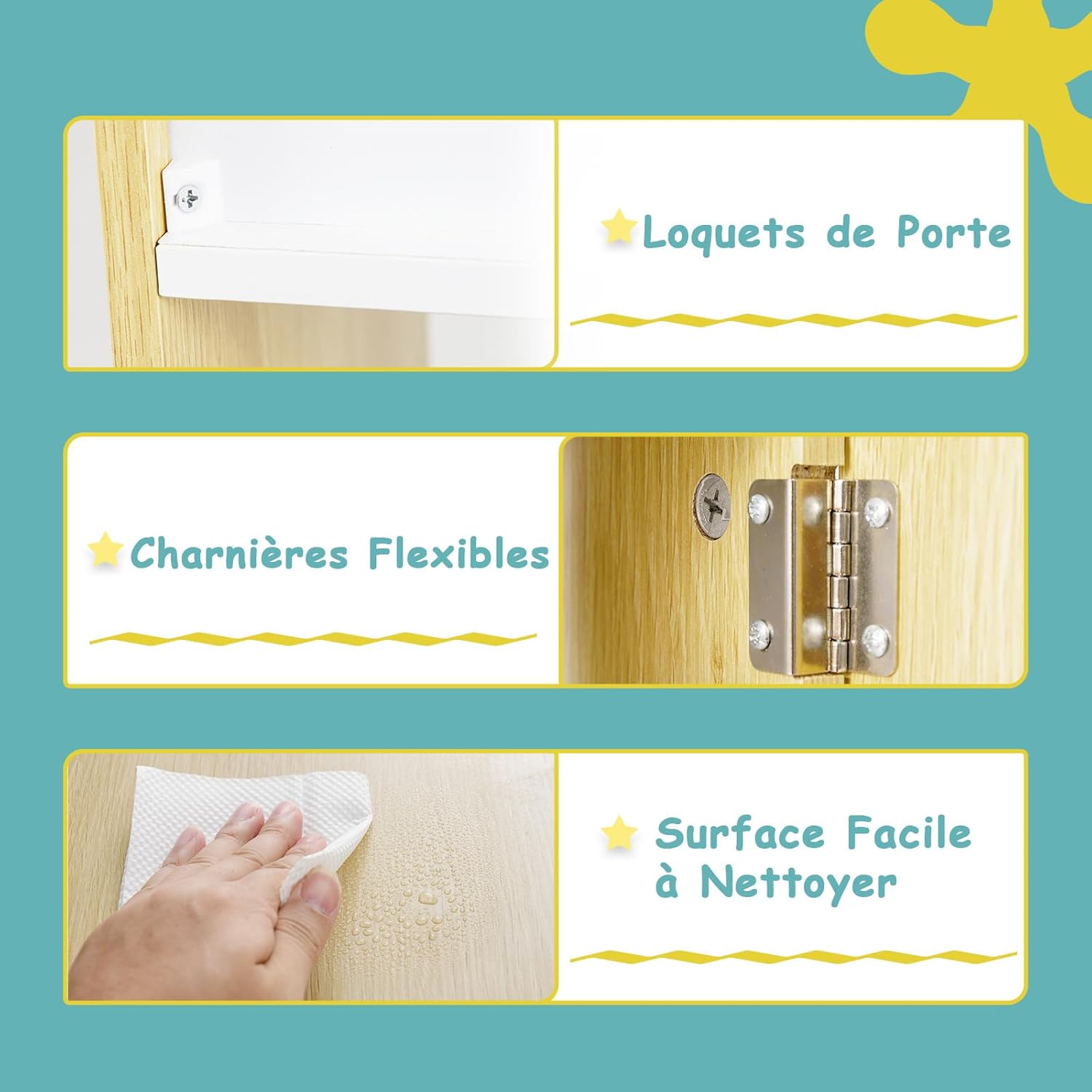 Bibliothèque pour Enfants, Étagère en Forme de Maison avec 2 Portes, Système Anti-basculement & Pieds en Bois Massif, pour Chambre d'Enfants, Naturel - 6