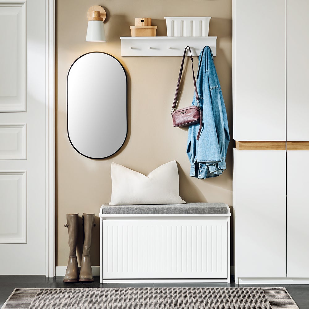 SoBuy Banc à Chaussures, Meuble à Chaussures, Meuble d'entrée, Assise Coussin Rembourré et Abattant, Blanc, FSR98-L-W - 2