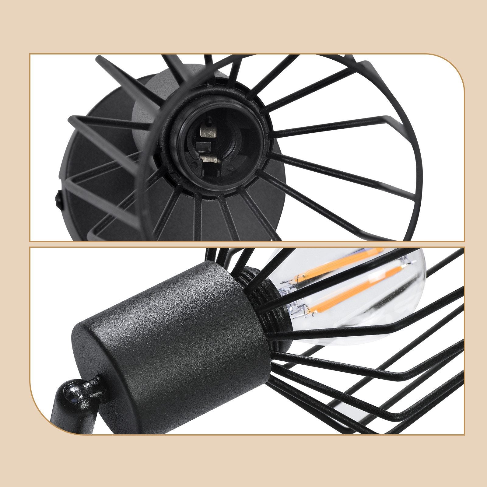 NETTLIFE Foco de Techo，2 luces E14 - Metal, Lámpara de Pasillo Industrial Giratoria 350°, Aplique de Pared para Pasillo y Sala de Estar, Negro - 5