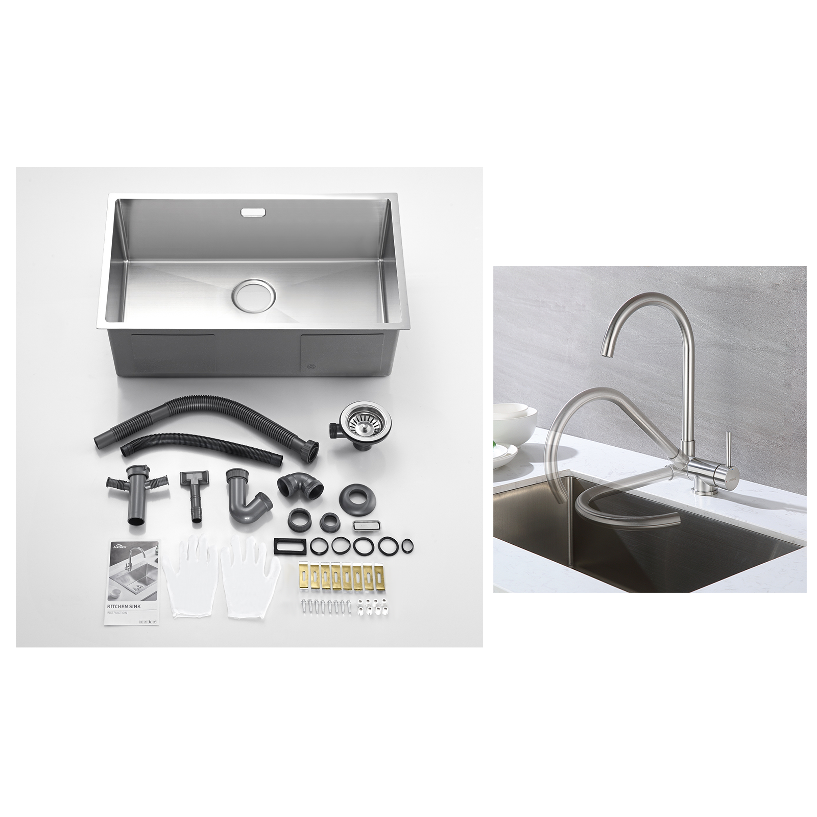 Fregadero Cocina Empotrable,1 Bandeja,60*49*20CM,inox 304,Negro