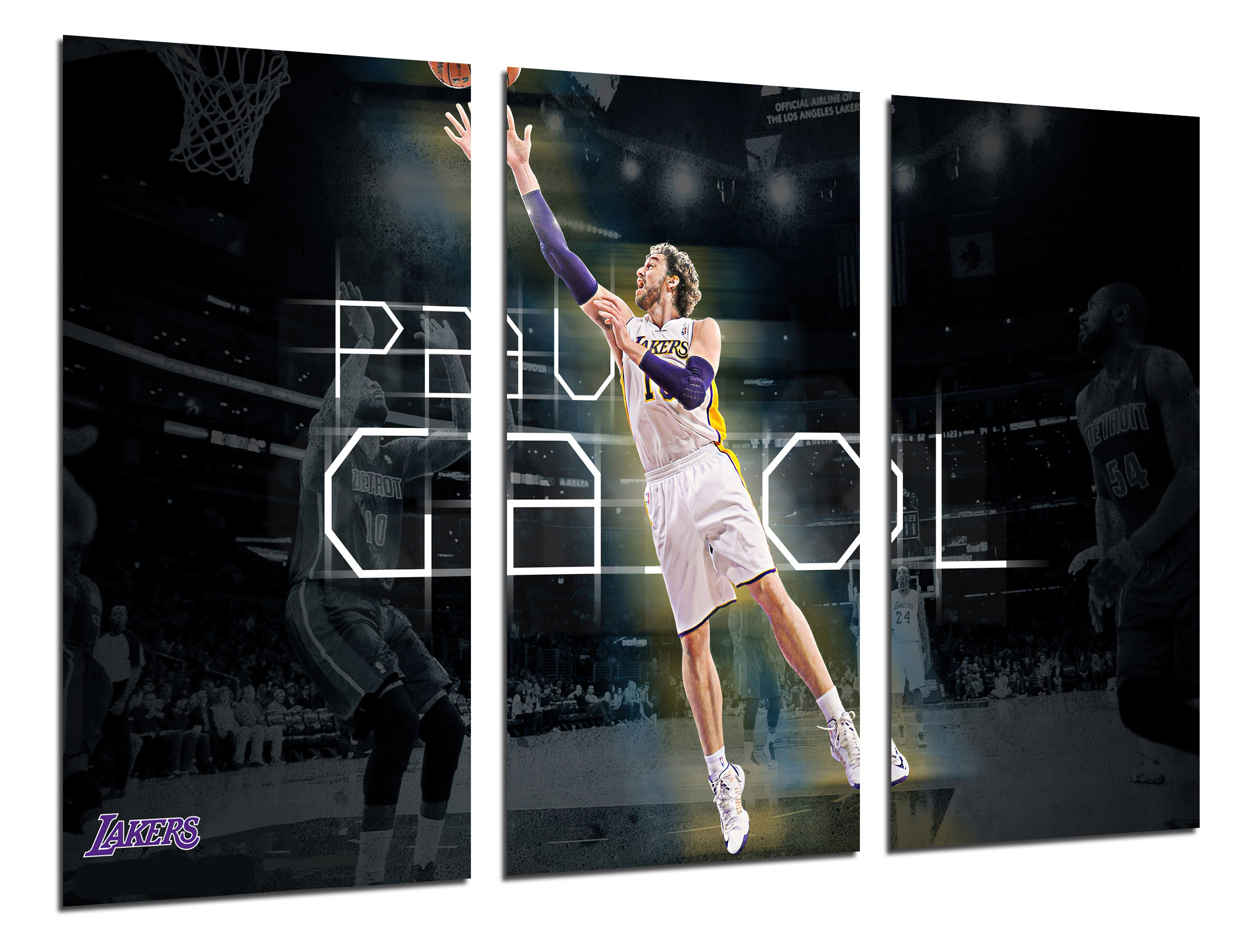 Set cuadros baloncesto, lakers, nba, pau gasol, salto a a canasta, impresión digital sobre madera
