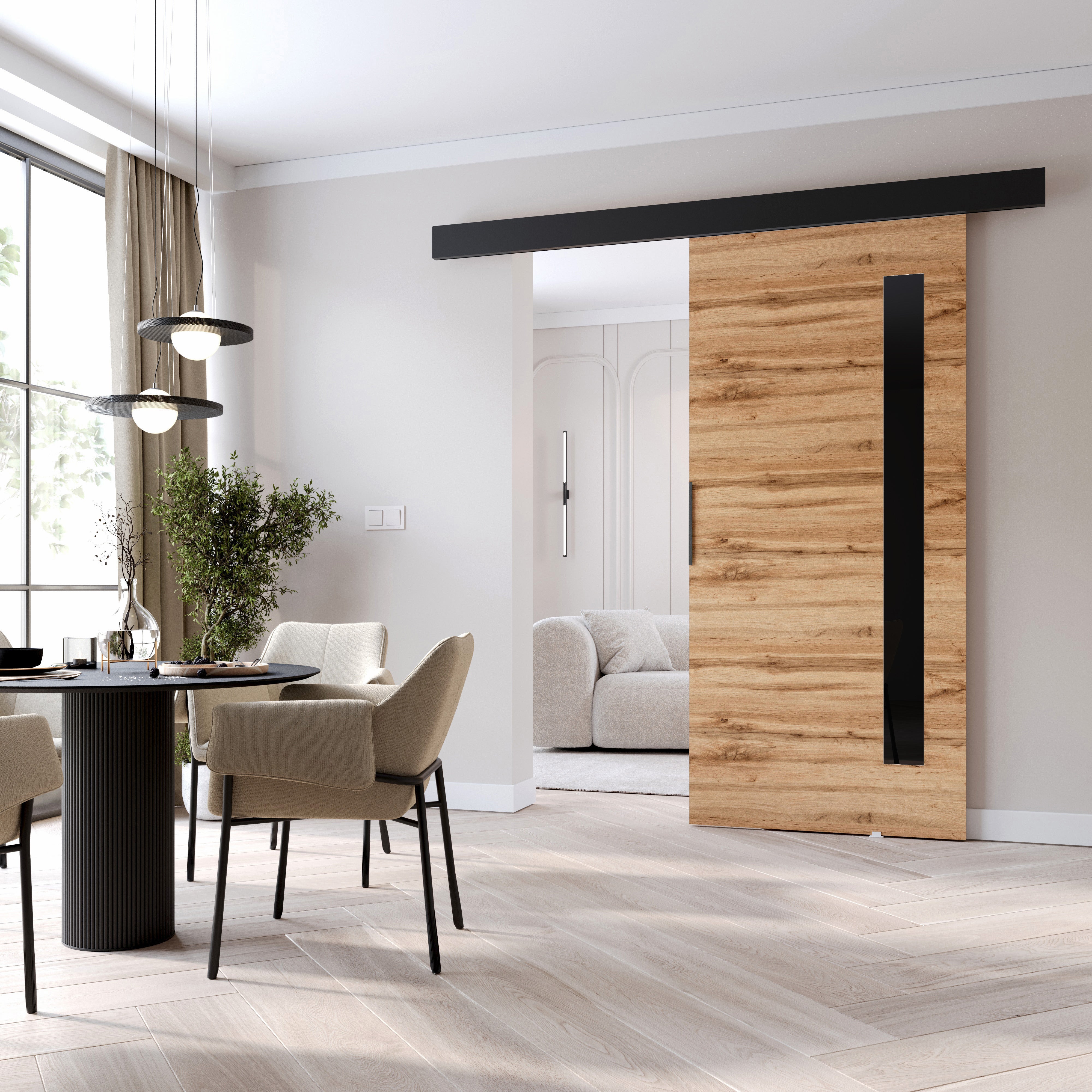 MINIO go for it, porte coulissante PRIM G 76 cm, Porte de chambre, Chêne Wotan / noir / éléments décoratifs-noir / poignée noire - 2