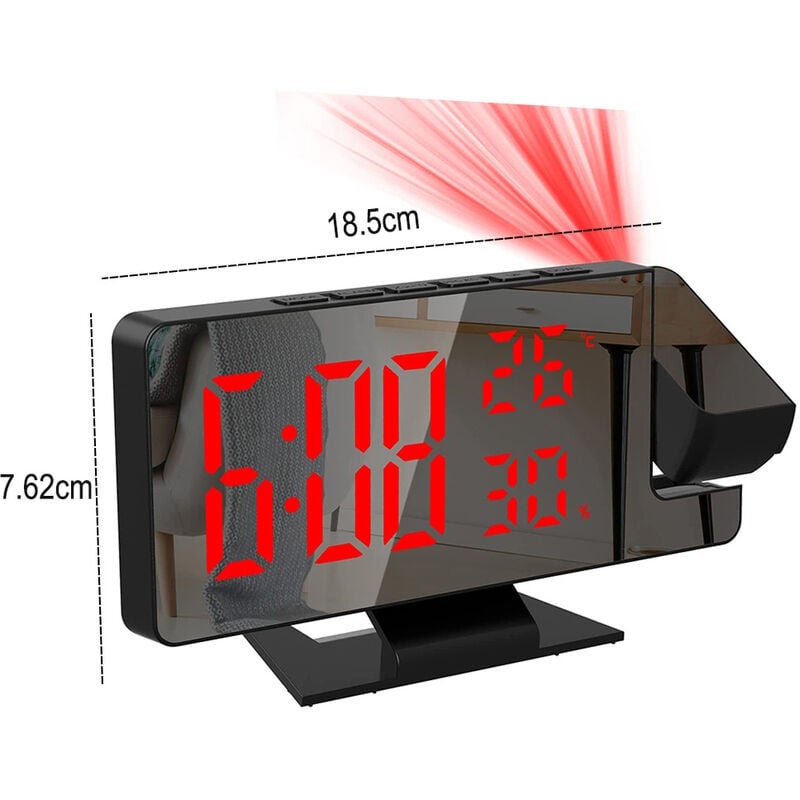 Réveil à projection pour chambre à coucher, grande horloge numérique avec projecteur à 180°, 12/24H, port de charge USB, affichage - 2