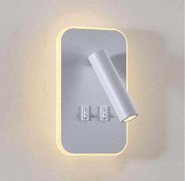 Aplique de pared LED orientable, lacado blanco mate, LED 3+8W y 1100 lúmenes, doble interruptor con luz de lectura y luz indirecta, luz cálida 3000K.