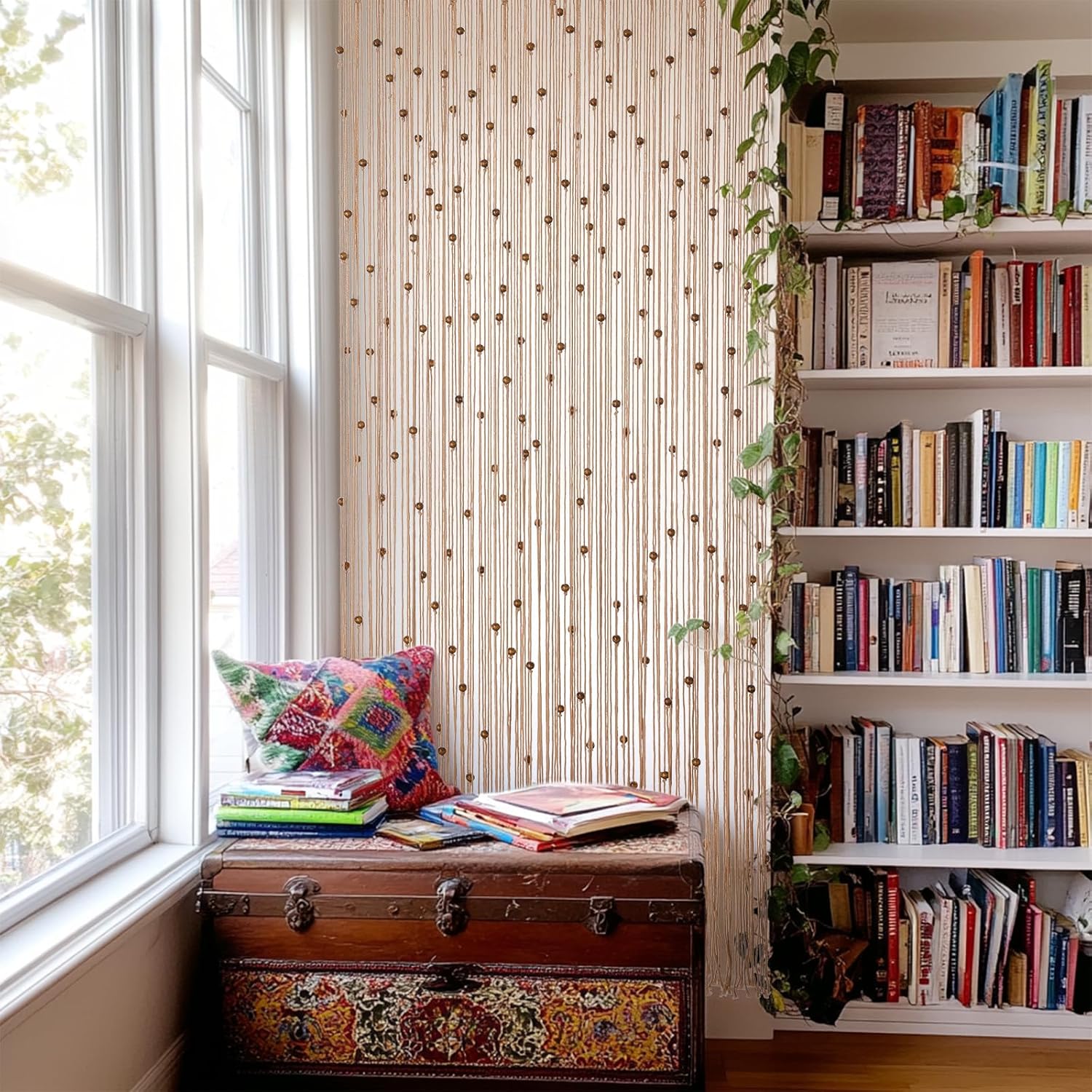 Rideau de perles bohème en macramé fait à la main avec perles en bois pour fenêtre, porte, 200 x 91 cm (L x l), blanc - 3