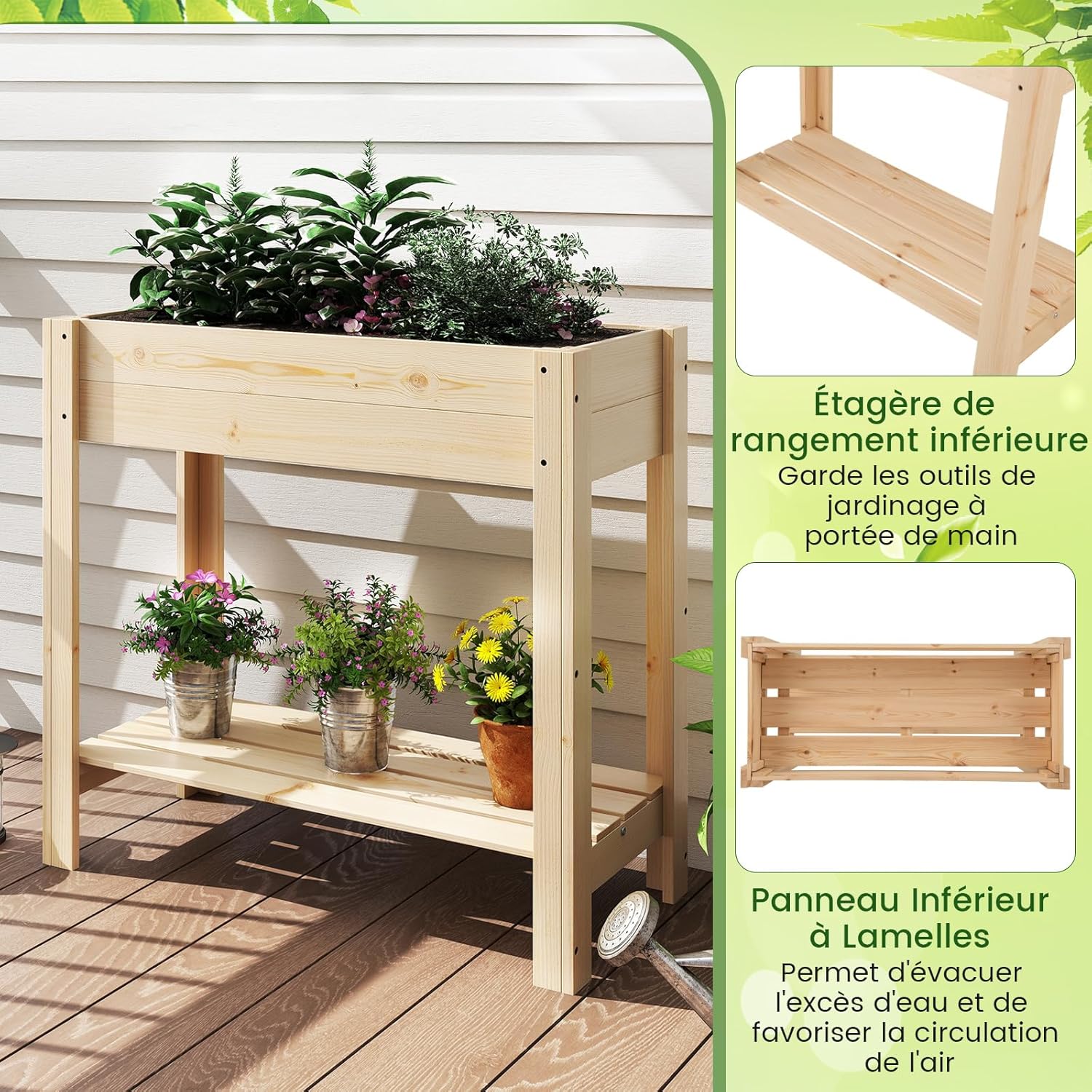 Jardinière Surélevée en Bois avec Pieds, Lit de Jardin avec Étagère de Rangement et Trous de Drainage, Conteneur (81 x 37 x 77 cm) - 4
