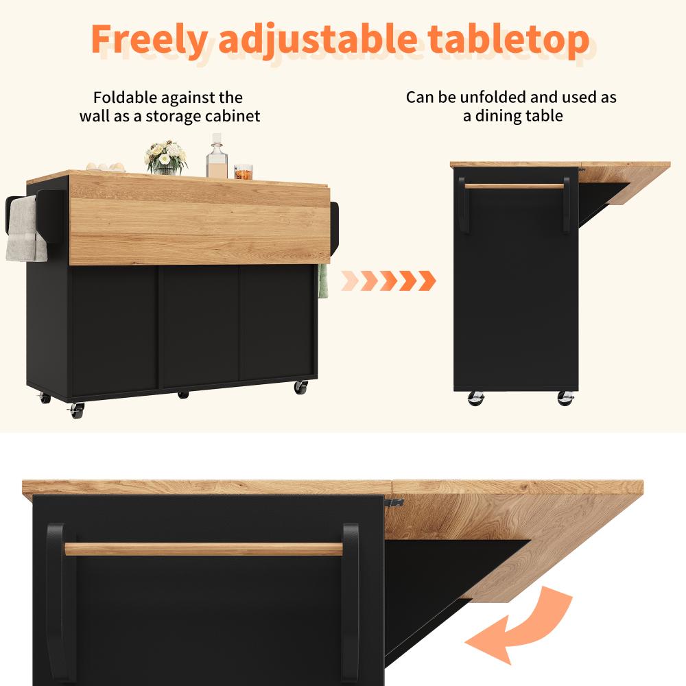 Îlot de cuisine multifonction avec table pliante, rangement spacieux, roulettes et design bois élégant - 120×92×43cm - 4