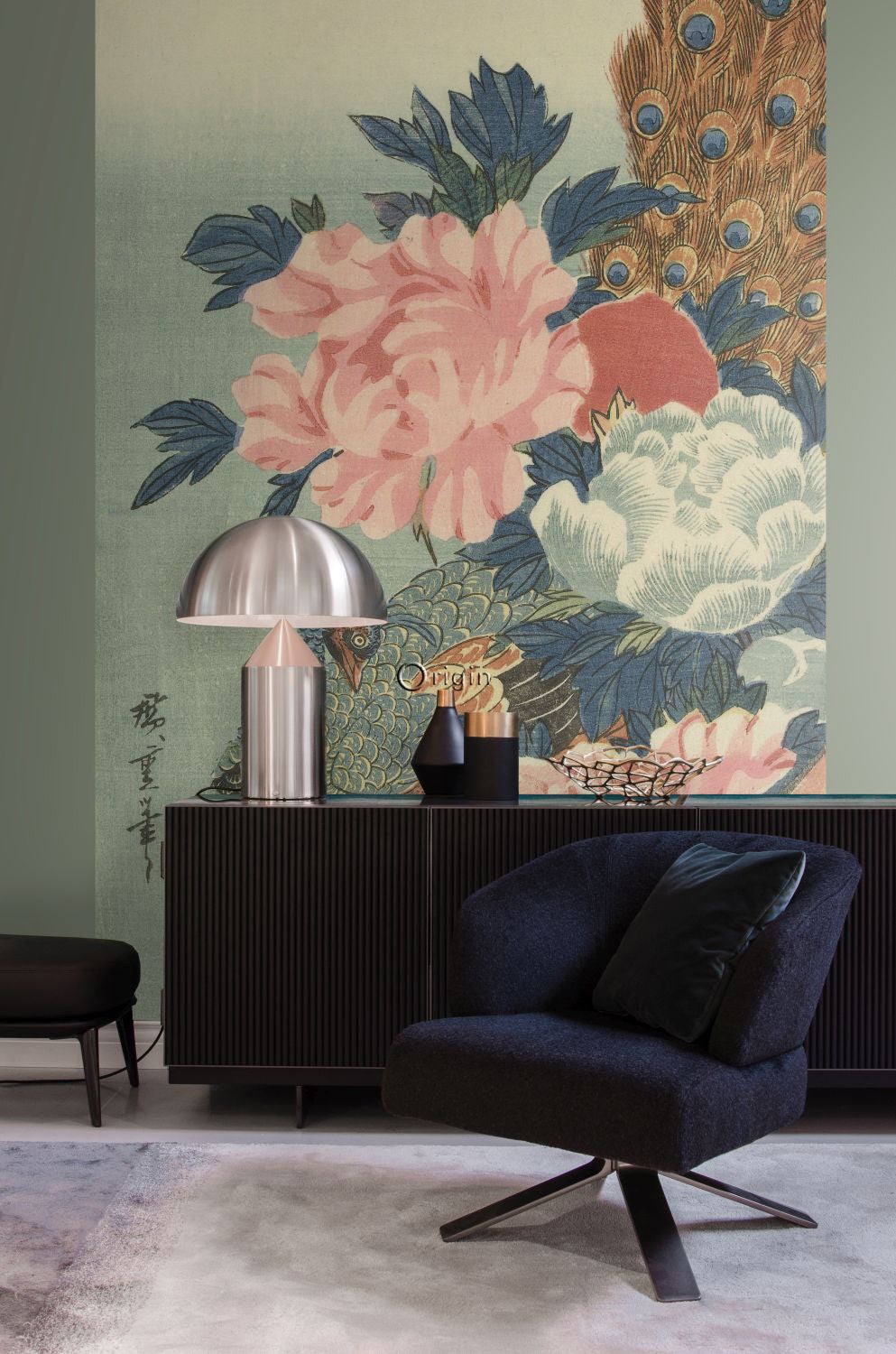 Papier Peint Panoramique Paon Et Pivoines Vieux Rose, Vert Et Bleu De Origin Wallcoverings Ow 357233