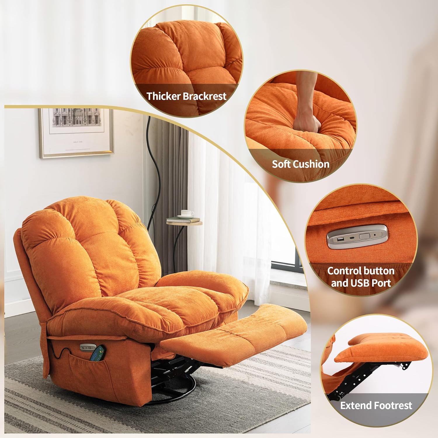 Fauteuil inclinable de Relaxation électrique, Chaise de Loisirs Fonction de Chauffage de Vibration, Connecteur Type C & USB(Orange) - 7