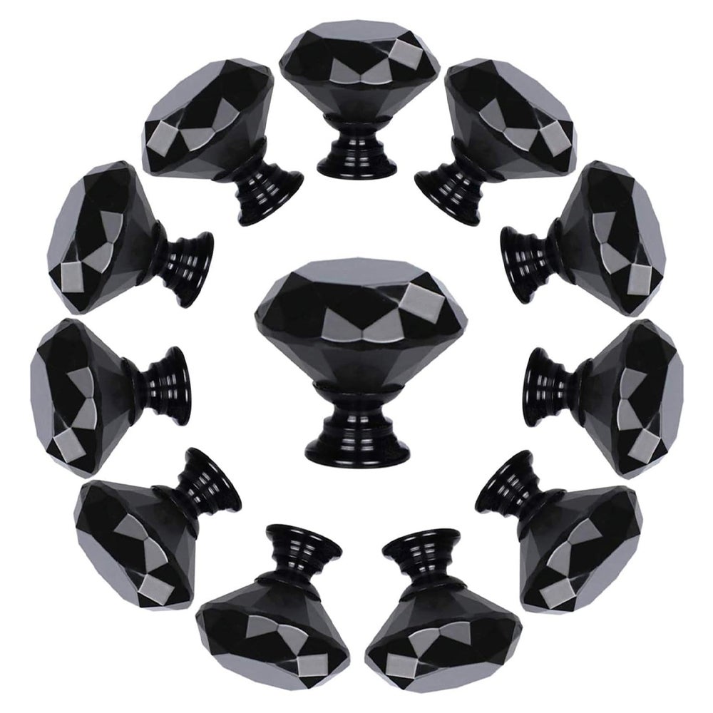 Zestaw 10 kryształowych gałek do szuflad w kształcie diamentu (30 mm, całkowicie czarne) Gałki do szafek Uchwyty do ciągnięcia