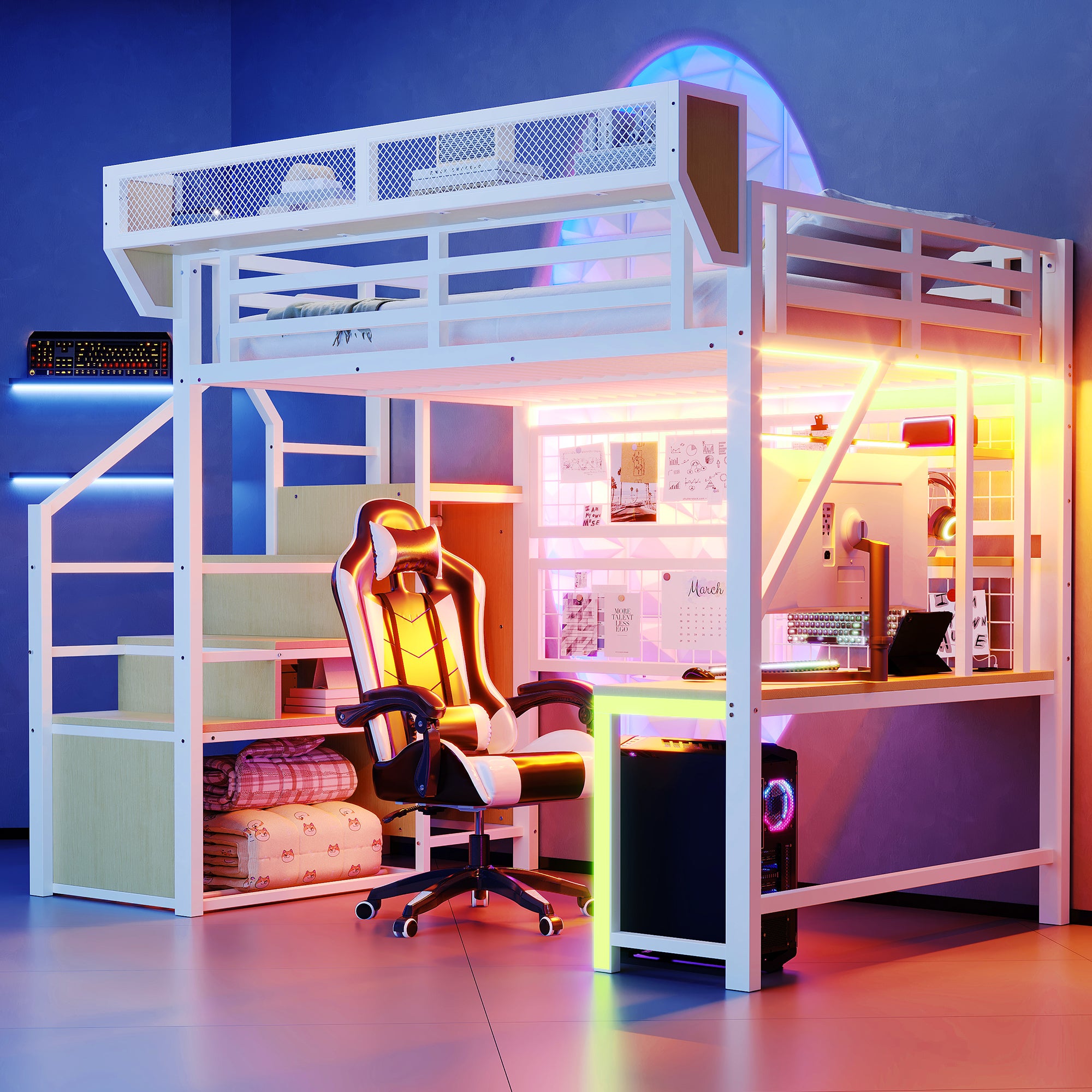 Metalowe łóżko piętrowe 140x200cm - z biurkiem - z drabinką bezpieczeństwa - z oświetleniem LED - gniazdkiem elektrycznym - białe