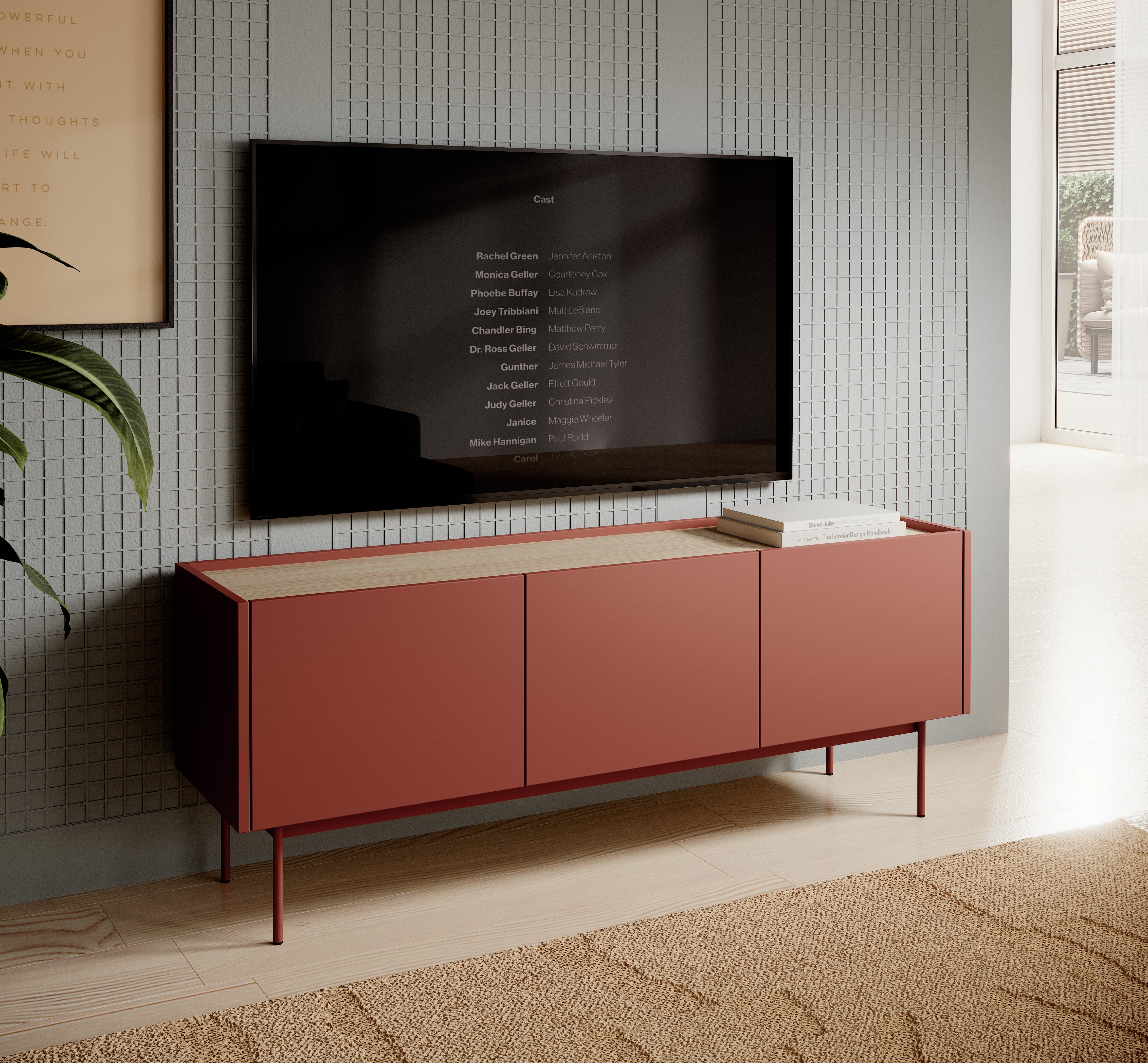 Mueble TV, cuerpo y frente: Ladrillo, TOP: roble linea, 144 x 55 x