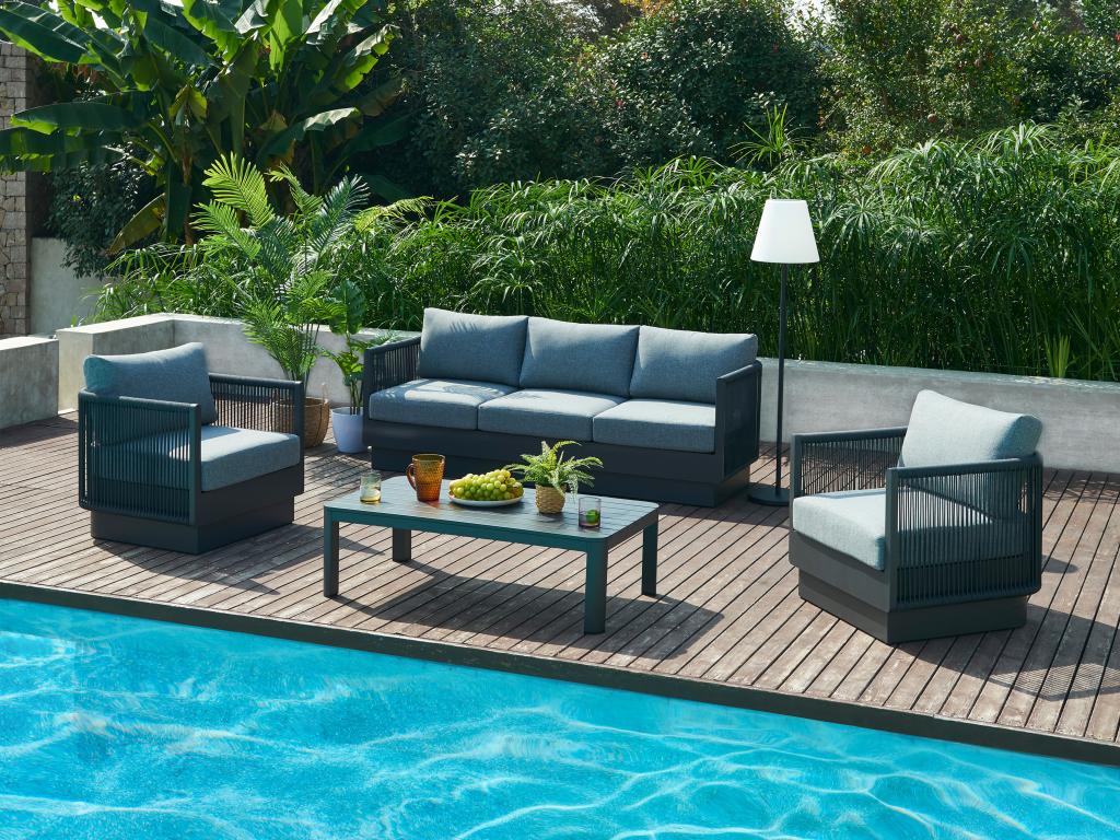 Salon de jardin en corde et aluminium : 1 canapé 3 places, 2 fauteuils