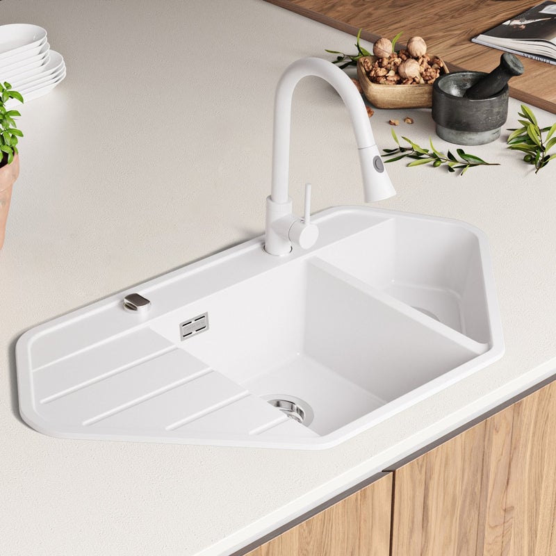 Zlewozmywak Narożny Biały 90x50cm, Zlew Kuchenny 1,5 Komorowy + Syfon, Nablatowy do szafki od 70cm - Kopenhaga Corner PRIMAGRAN