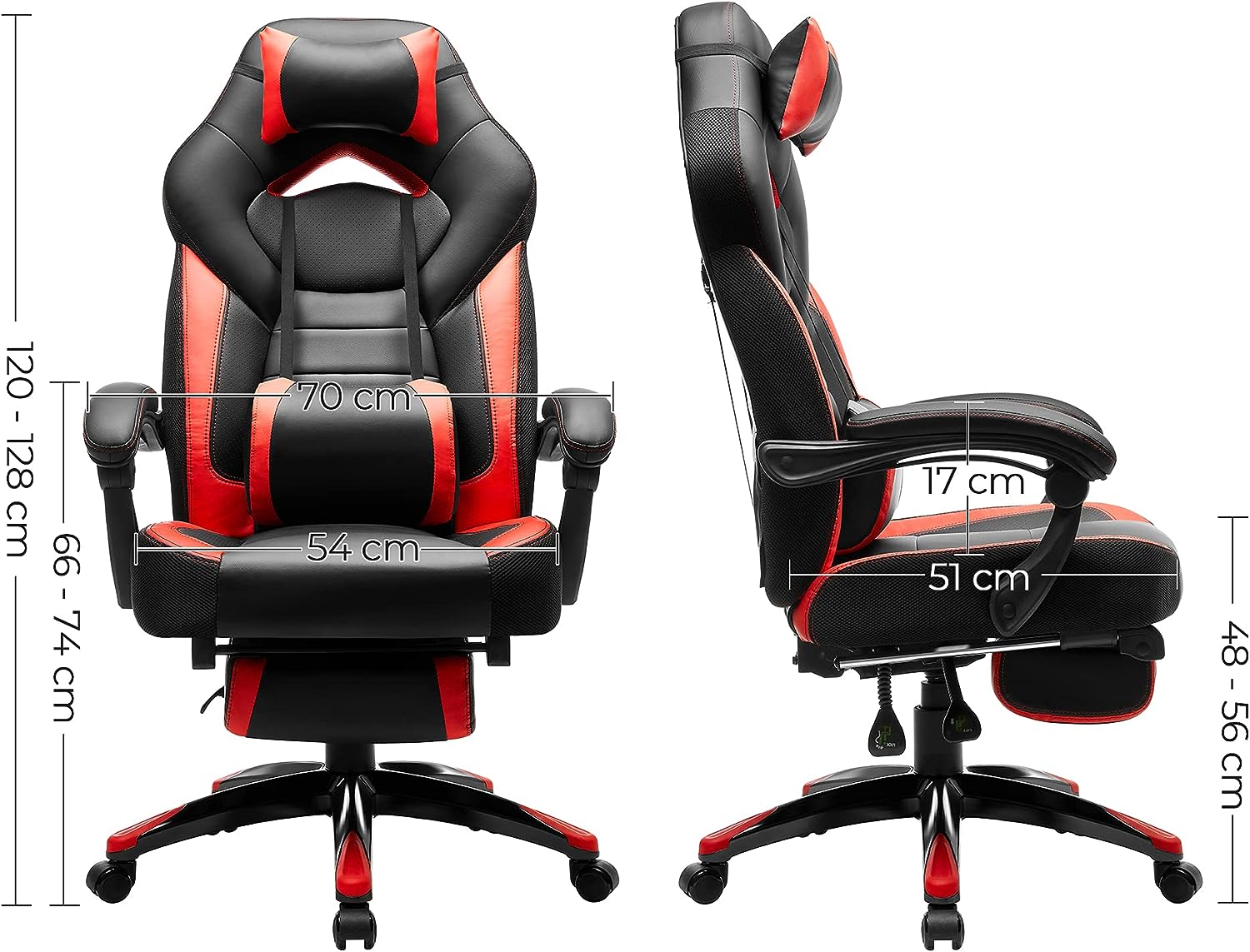Fauteuil Gamer Ergonomique, avec Repose-Pieds télescopique, Appui-tête réglable, capacité de Charge 150 kg, Rouge et Noir - 5