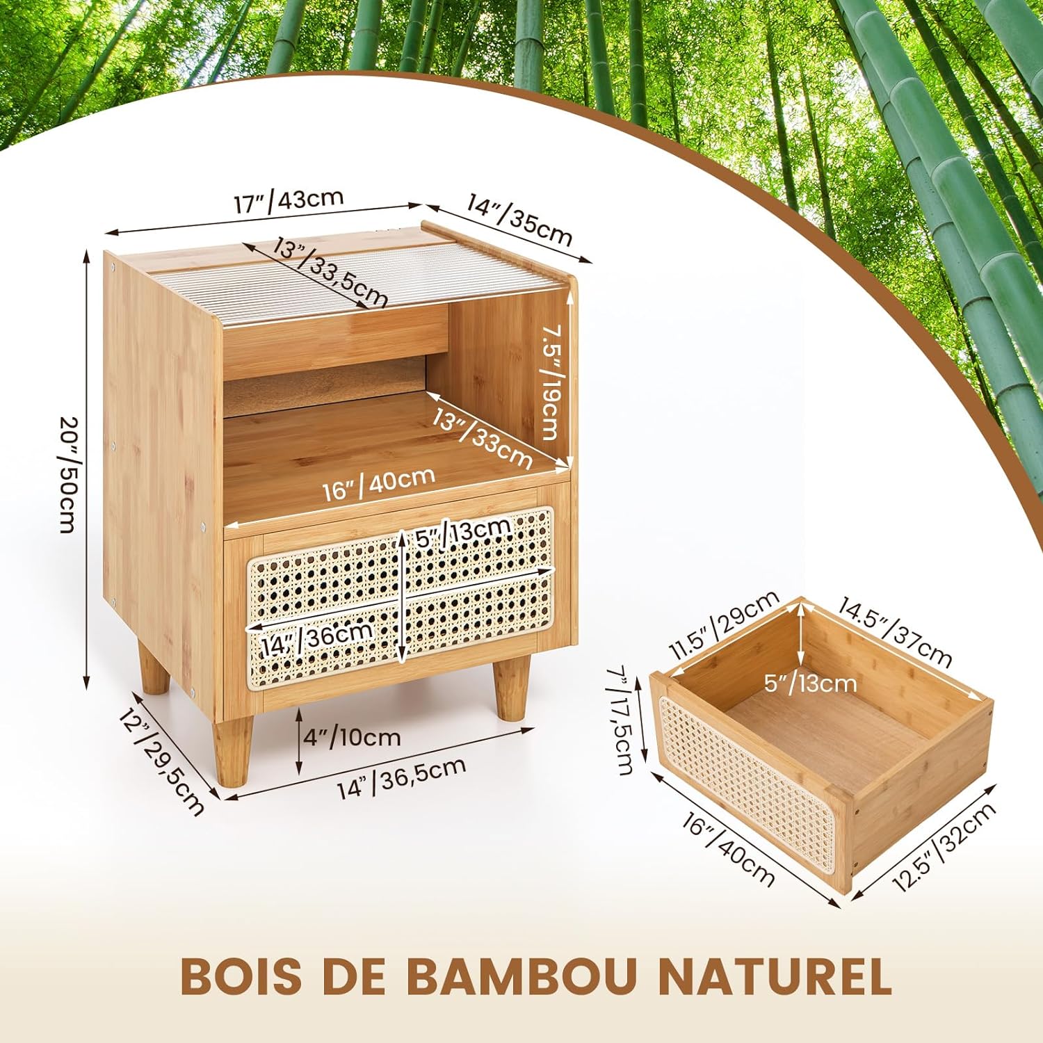 Table de Chevet avec Tiroir, Table d'Appoint en Bambou avec Plateau en Verre,43x35x50cm (2, Jaune) - 4