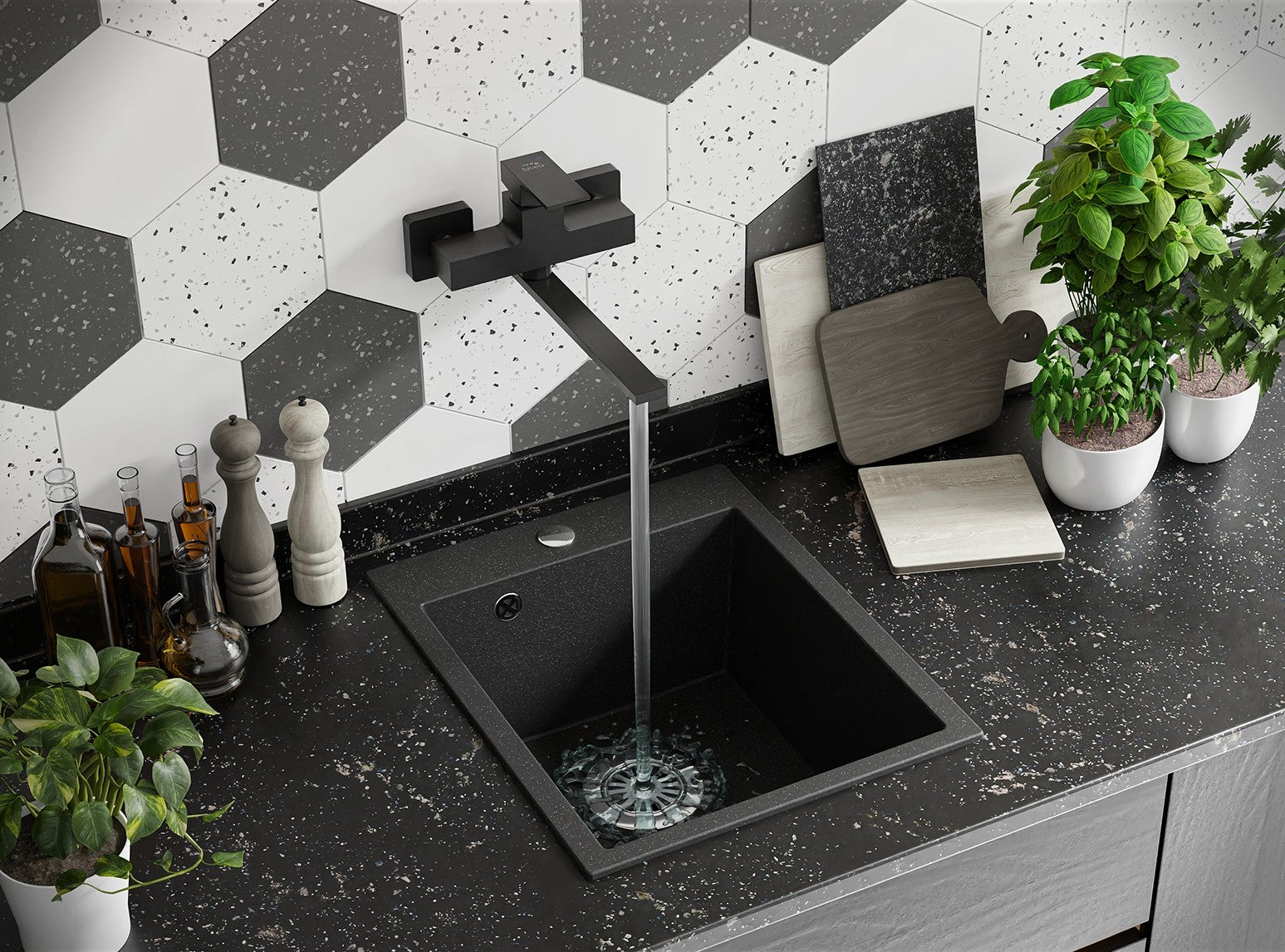 Lavello da cucina in granito nero CHICHI, 1 vasca, 48x38 - 5